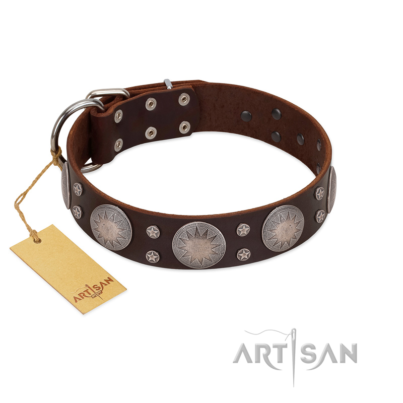 "Imperial Legate" FDT Artisan Brown Leather Mastiff Collar with Big Round Plates - Click Image to Close