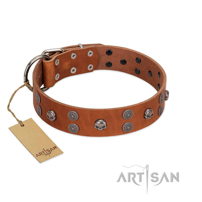 "Road Rider" FDT Artisan Tan Leather Mastiff Collar with Old Silver-like Skulls and Medallions