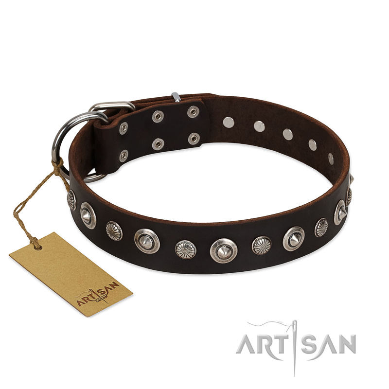 "Gorgeous Shields" FDT Artisan Brown Leather Mastiff Collar with Old Silver-like Circles and Small Camomiles - Click Image to Close