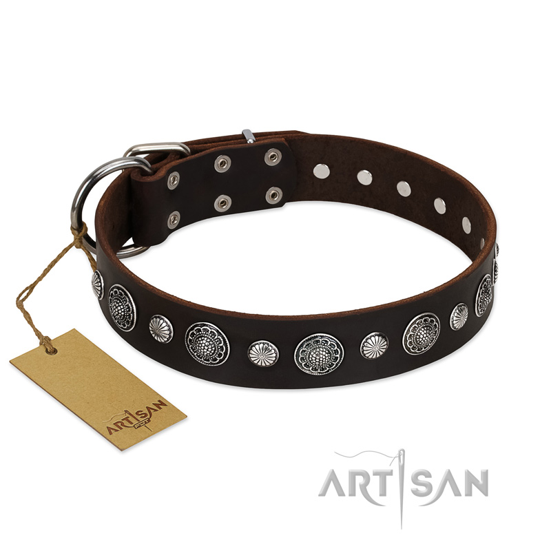 "Victory Ode" FDT Artisan Brown Leather Mastiff Collar with Silver-like Plated Decorations