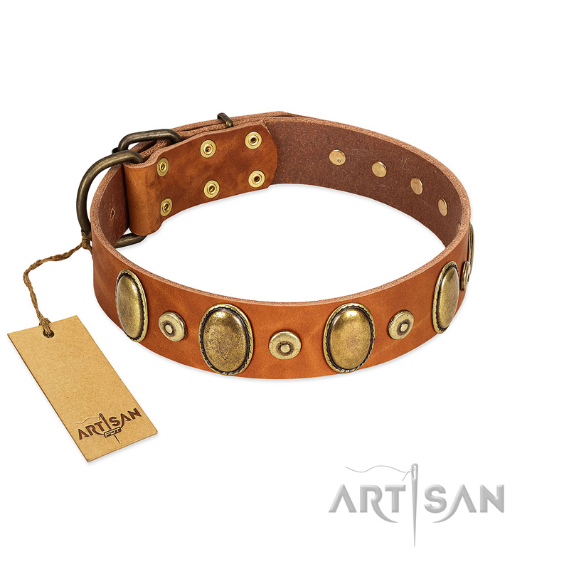 "Crystal Sand" FDT Artisan Tan Leather Mastiff Collar with Vintage Looking Oval and Round Studs