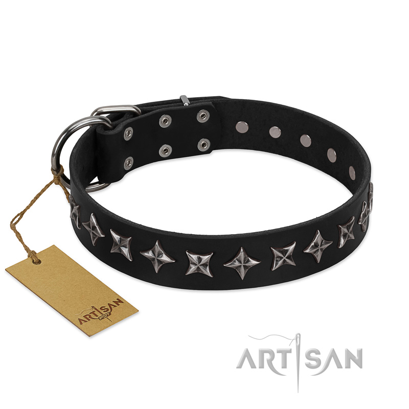 "Lights-out" FDT Artisan Black Leather Mastiff Collar with Silver-like Set of Stars