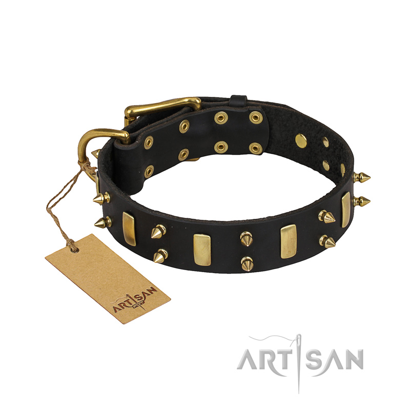 "Medieval Style" FDT Artisan Leather Mastiff Collar with Brass Plated Plates and Spikes