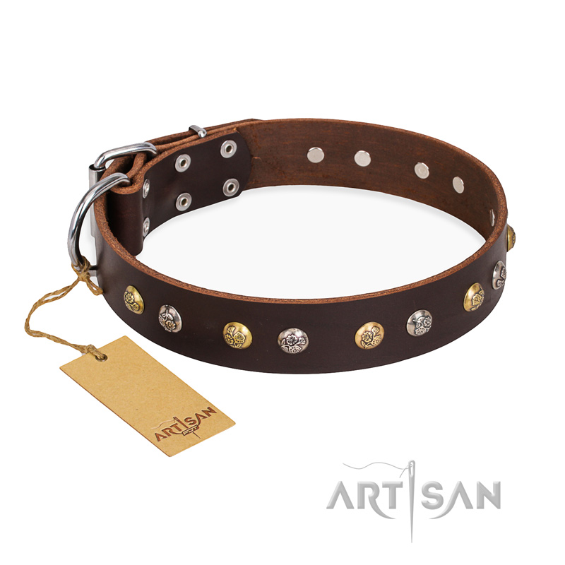 "Rare Flower" FDT Artisan Brown Leather Mastiff Collar Adorned with Old-look Hemisphere Studs