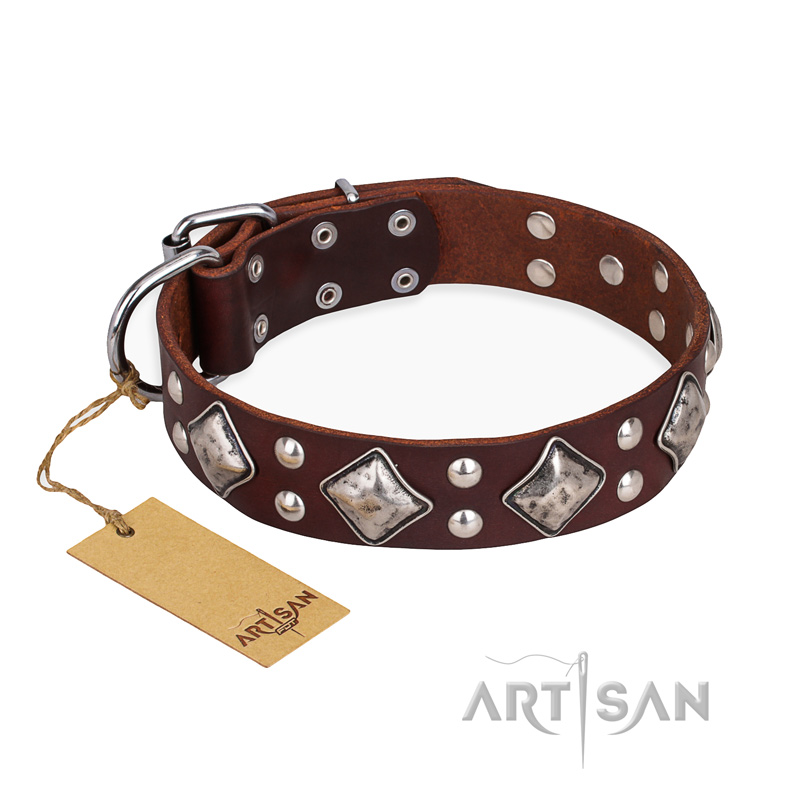 "King of Grace" FDT Artisan Stylish Leather Mastiff Collar with Old Silver-Like Plated Decorations