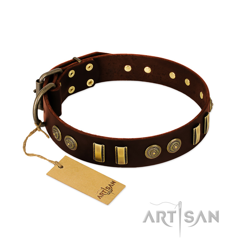 "Golden Elegance" FDT Artisan Brown Leather Mastiff Collar with Old Bronze-like Decorations