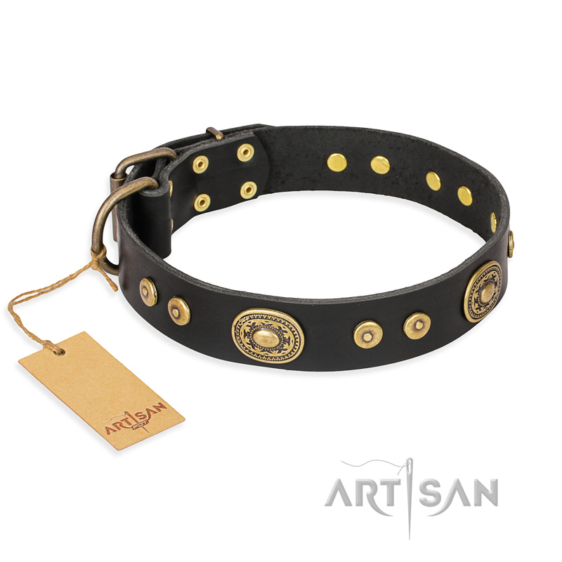 "Golden Radiance" FDT Artisan Black Leather Mastiff Collar with Old Bronze Look Ovals and Circles