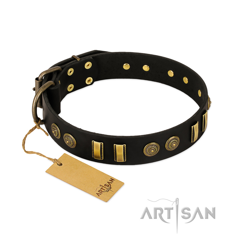 "Simple Elegance" FDT Artisan Black Leather Mastiff Collar with Old Bronze-like Plates and Circles