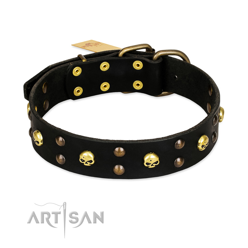 "Heavy Metal" Leather Mastiff Collar with Skulls and Studs 1 1/2 inch (40 mm)