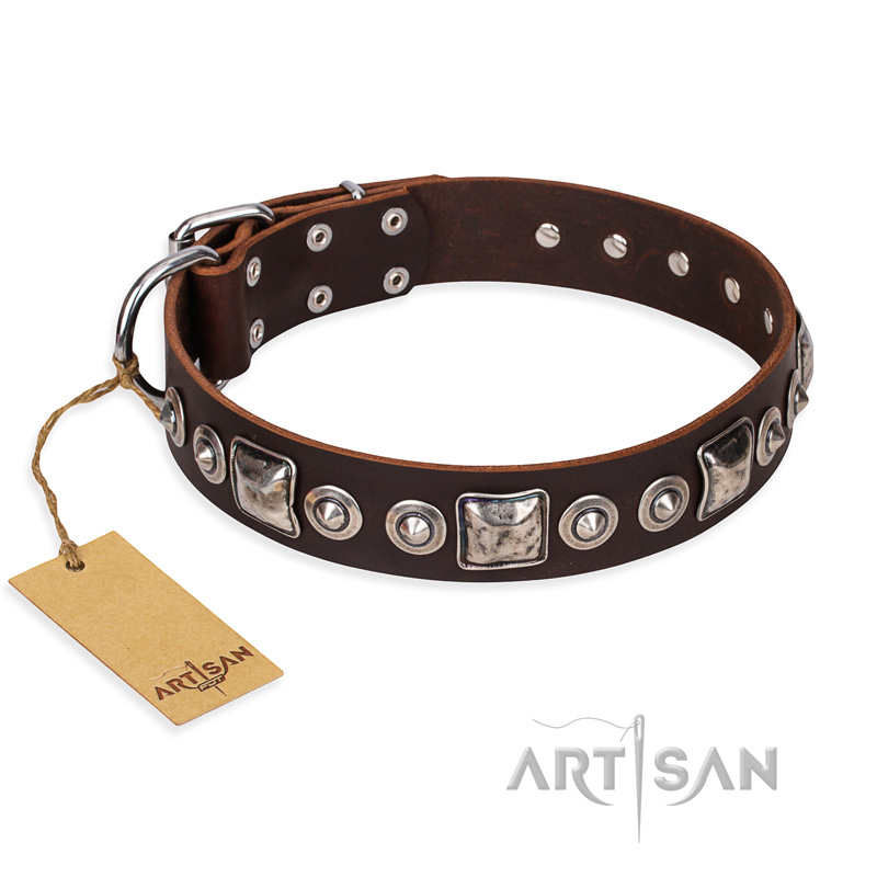 "Pierian spring" FDT Artisan Brown Leather Mastiff Collar with Silvery Decorations