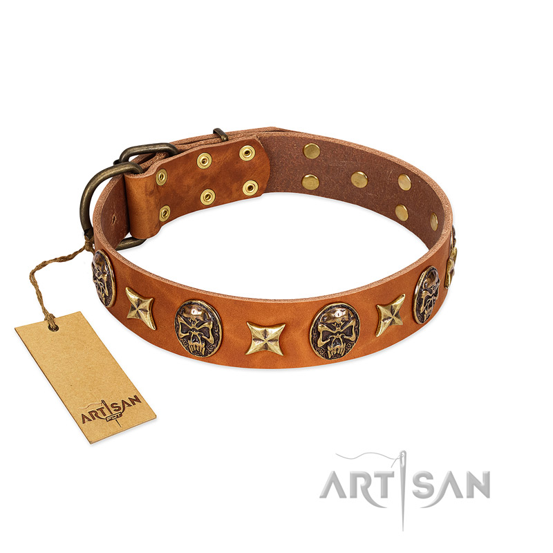 "Rockin' Doggie" FDT Artisan Tan Leather Mastiff Collar Adorned with Stars and Skulls