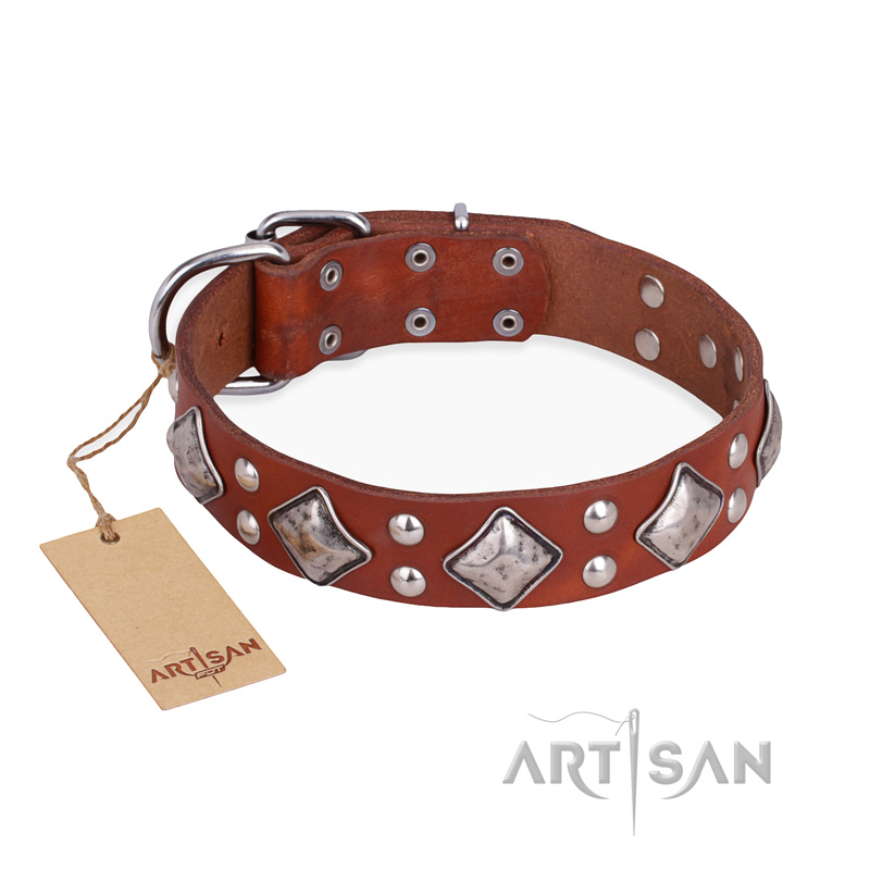 "Magic Squares" FDT Artisan Tan Leather Mastiff Collar with Silver-like Decor