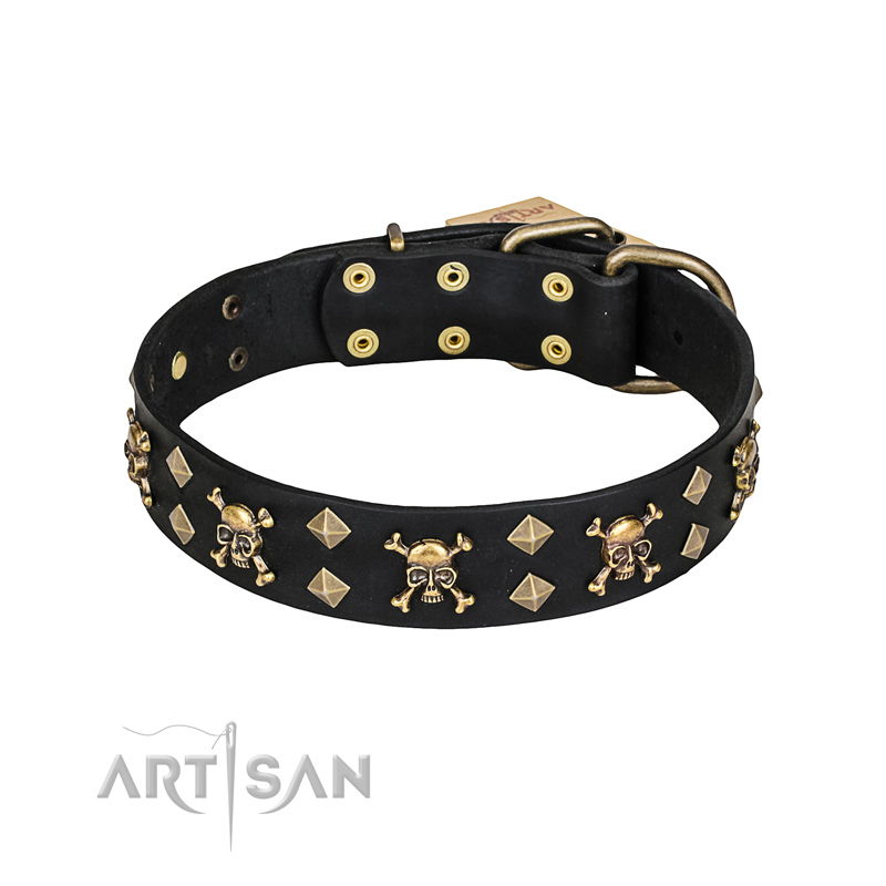 "Jolly Rojer" FDT Artisan Leather Mastiff Collar with Pirate Skulls and Studs - 1 1/2 inch (40 mm) wide