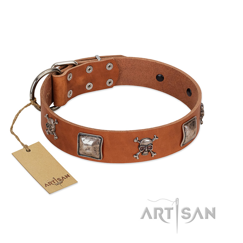 "Amorous Escapade" Embellished FDT Artisan Tan Leather Mastiff Collar with Chrome Plated Crossbones and Plates