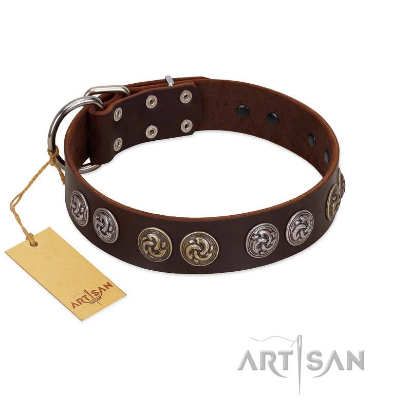 "Treasure Hunter" FDT Artisan Brown Leather Mastiff Collar with Old-Bronze-like and Silvery Medallions