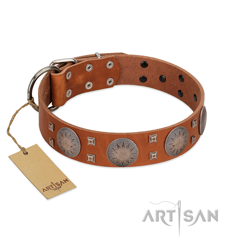 "Sun Rise Noon" FDT Artisan Tan Leather Mastiff Collar with Unique Design