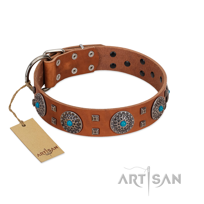 "Blue Sands" FDT Artisan Tan Leather Mastiff Collar with Silver-like Studs and Round Conchos with Stones - Click Image to Close