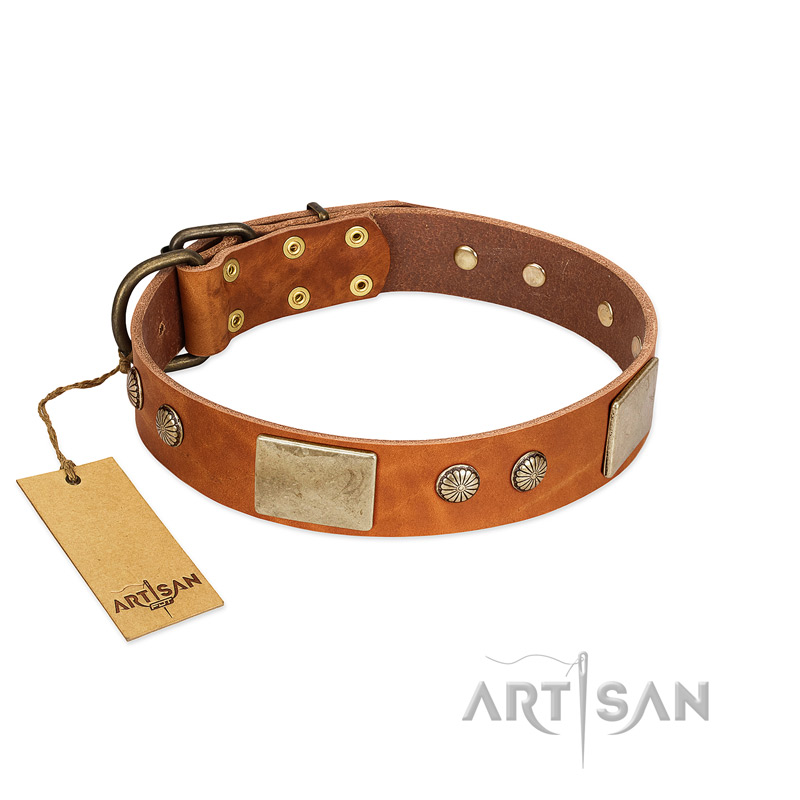 "Ancient Treasures" FDT Artisan Tan Leather Mastiff Collar with Antiqued Plates and Studs