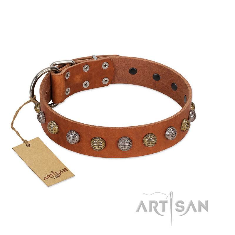 "Dogue-Vogue" FDT Artisan Tan Leather Mastiff Collar with Engraved Chrome-plated Studs