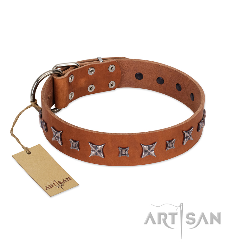 "Star Shine" Exclusive FDT Artisan Tan Leather Mastiff Collar with Silver-Like Adornments