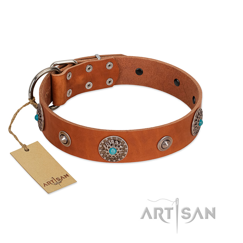 "Marine Antiques" Handmade FDT Artisan Tan Leather Mastiff Collar with Blue Stones