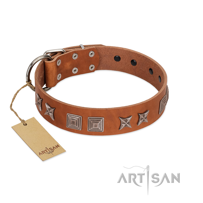 "Antique Figures" FDT Artisan Tan Leather Mastiff Collar with Silver-like Engraved Plates