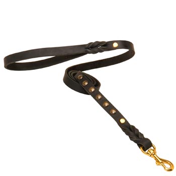Strong Black Leather Mastiff Leash Fashion Studs Adorned